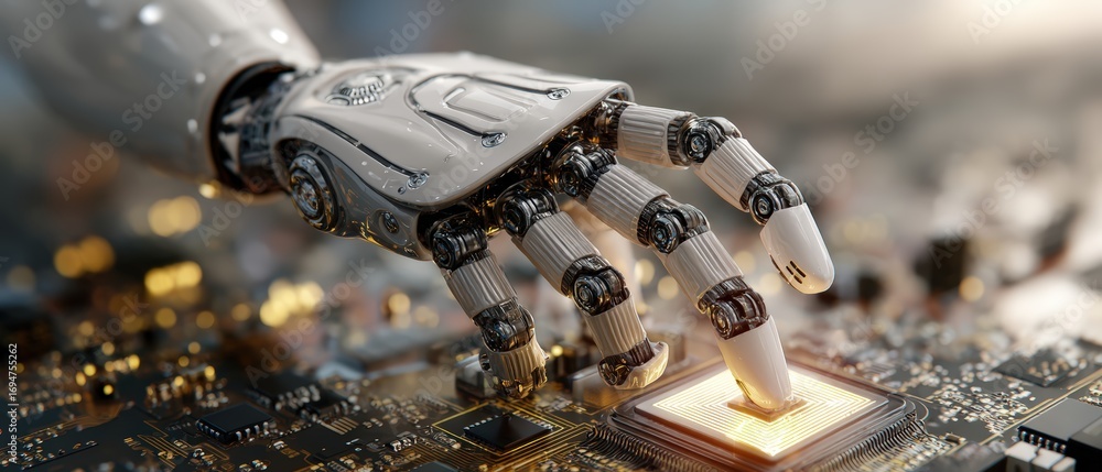Poster highly detailed close-up of a robotic hand interacting with a technology circuit board illuminated b