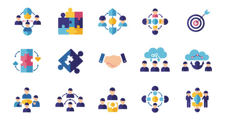 Collaborative teamwork and business strategy icons set