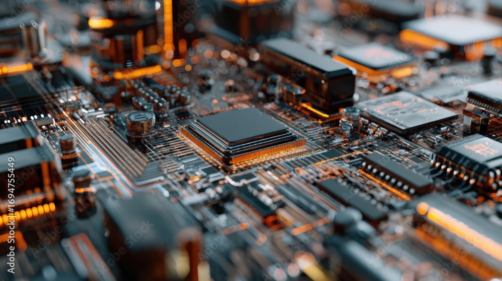 Aufkleber close-up view of a detailed and intricate computer motherboard with various electronic components an