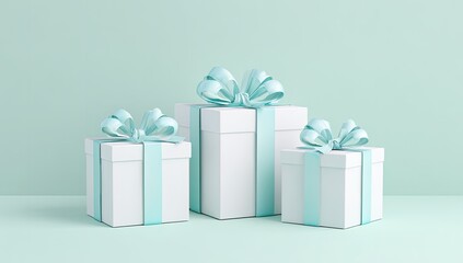 Obraz premium Three white gift boxes with light teal ribbon
