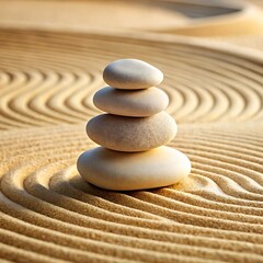 Zen stones stacked on raked sand symbolizing balance and meditation