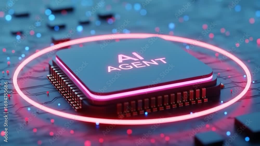Poster ai agent microchip with glowing neon ring ai agent