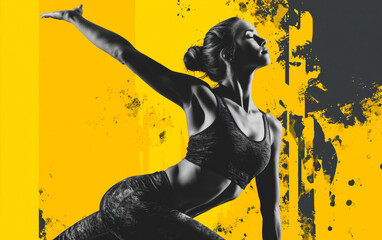 Creative image with fit female doing pilates exercise on abstract yellow background
