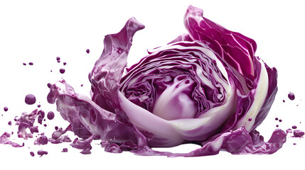 Obraz premium Vibrant fresh red cabbage half with dynamic splash of liquid for healthy eating and culinary inspiration, Isolated on white background