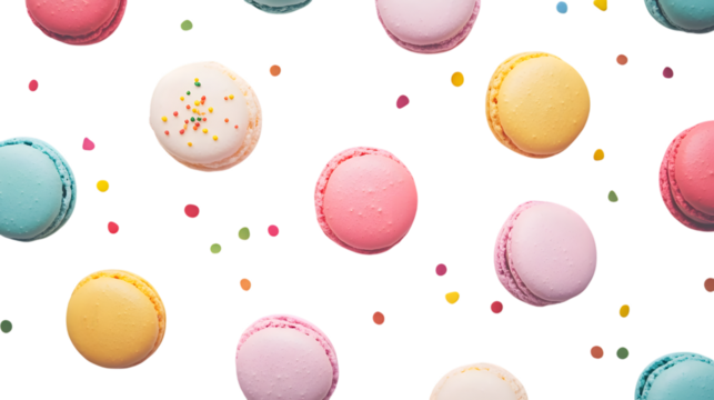 Vibrant, delightful macarons scatter joyfully with colorful sprinkles for a festive celebration, Isolated on white background