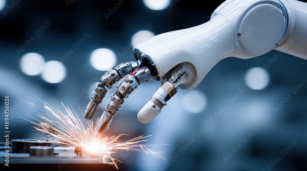 Poster advanced robotic arm performing precise welding in an industrial setting with sparks flying and tech
