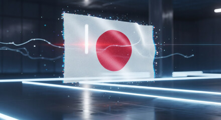 Dynamic Japan flag waves in futuristic digital space with glowing data streams and bright light accents