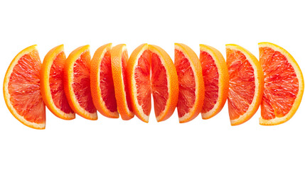 Juicy sliced citrus fruit segments arranged in a vibrant, refreshing line for healthy food concepts, Isolated on white background