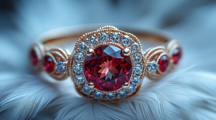 Elegant ring with a red gemstone surrounded by diamonds on a feather background.