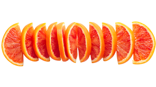 Juicy sliced citrus fruit segments arranged in a vibrant, refreshing line for healthy food concepts, Isolated on white background