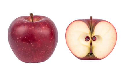 Vibrant red apple whole and halved revealing crisp juicy interior perfect for healthy eating and recipes, Isolated on white background