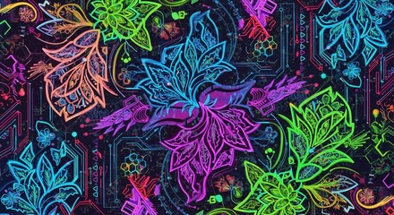 Vibrant Floral Kaleidoscope A Neon Dreamscape of Intricate Designs and Botanical Beauty