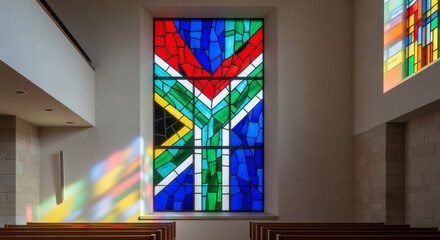 Vibrant stained glass window illuminates modern church interior with colorful light patterns