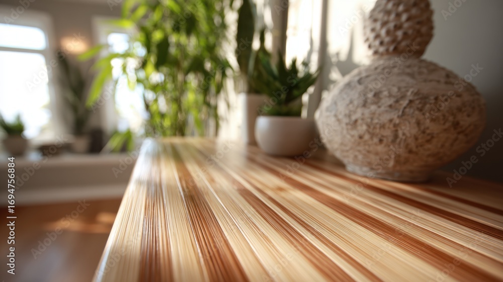 Poster detailed view of a modern bamboo coffee table surface in sharp focus contrasting with blurred natura
