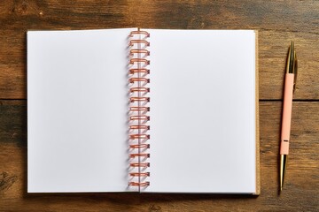 Open spiral-bound notebook on wooden table with pink pen
