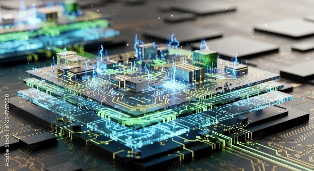 Aufkleber close-up of interconnected electronic circuit layers with glowing blue and green data pathways and c