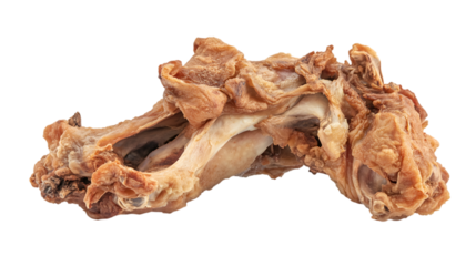 Richly textured cooked chicken carcass with visible bones and crispy skin, perfect for culinary art, Isolated on white background