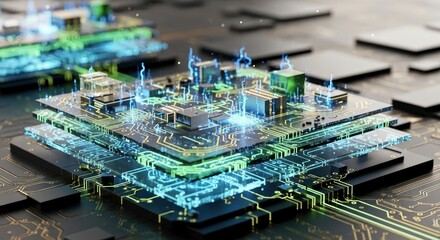 Close-up of interconnected electronic circuit layers with glowing blue and green data pathways and components