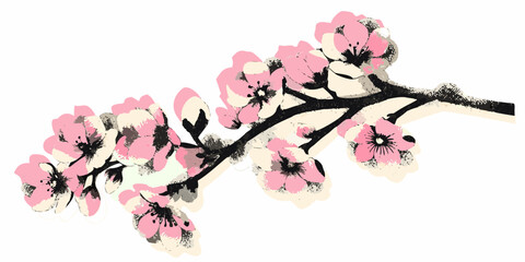 Artistic illustration of a delicate cherry blossom branch with pink flowers and buds on a white background