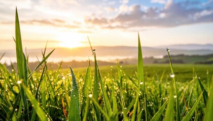 Fototapeta premium Sunrise Over Dewy Grass Field