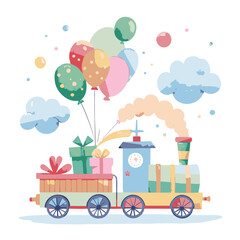 Colorful cartoon train carrying gifts and balloons, isolated on white background