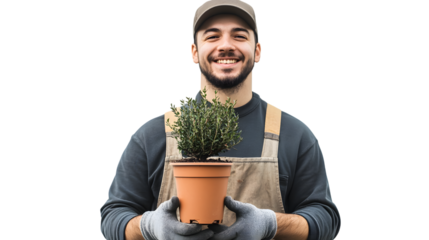Smiling gardener proudly presents healthy potted plant, Isolated on white background
