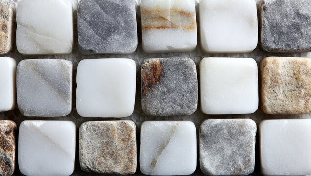 Close-up of square, multicolored stone tiles