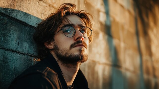 A young man with long hair, wearing glasses, leaning against a stone wall with a concrete texture. The background is a mix of sunlight and shadows,