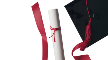 Celebrate academic achievement with a diploma, graduation cap, and elegant red ribbon, symbolizing success and future opportunities, Isolated on white background