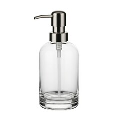 Clear glass soap dispenser with silver pump isolated on white background
