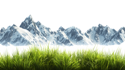 Stunning snow-capped mountain range with vibrant green grass foreground, perfect for adventure and nature themes, Isolated on white background