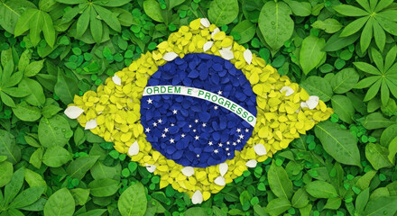 Vibrant Brazilian flag formed by lush green leaves and colorful petals, celebrating nature and patriotism