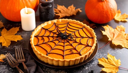 Festive pumpkin pie decorated with a spiderweb design
