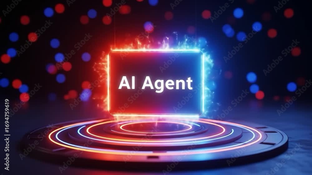 Poster glowing ai agent sign on futuristic platform with bokeh lights