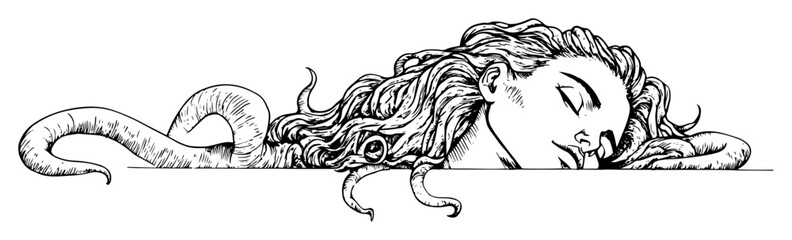 medusa head with snake hair black and white vector illustration © Kaz