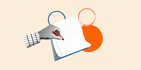 Stylized hand holding a red pen and writing on a document with abstract shapes and lines
