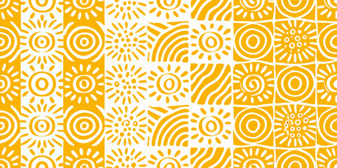 A cheerful and vibrant seamless pattern featuring stylized sun motifs and wavy lines in bright yellow and white