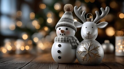 Cute snowman and reindeer Christmas decorations with bokeh lights in the background, festive holiday ornaments on a wooden table indoors
