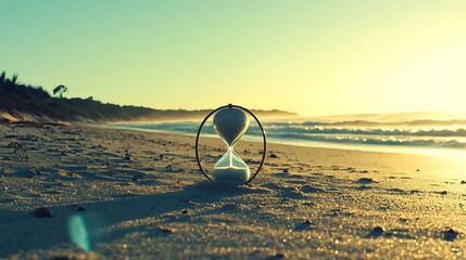 High-resolution image of transparent hourglass, 85mm lens in daylight creating gentle depth of field with sharp clarity on sand