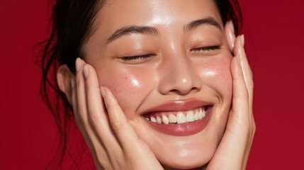 Smiling young Asian woman with long black hair, holding her face with both hands. Bright red background enhances her joyful expression.