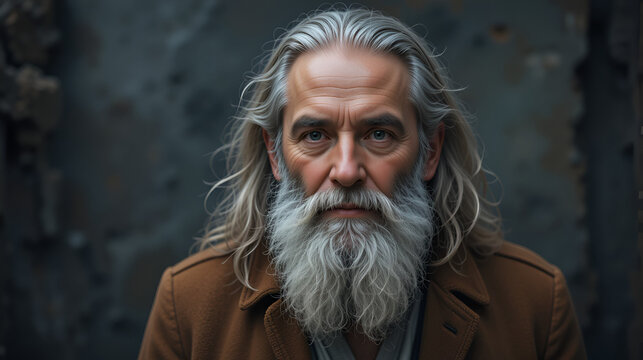 Mature elderly man with a full grey beard and long grey hair dressed in a brown jacket. Ai generated