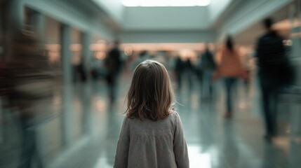 A young girl with long brown hair stands in a busy indoor space. People move around her, creating a sense of motion and activity in the environment.