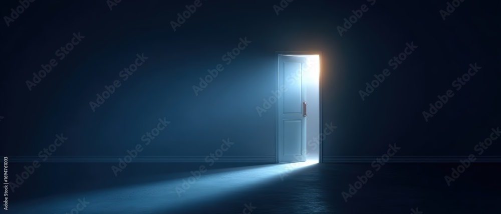 Poster dimly lit room with a bright open door emitting a strong glow into a dark space creating a mysteriou