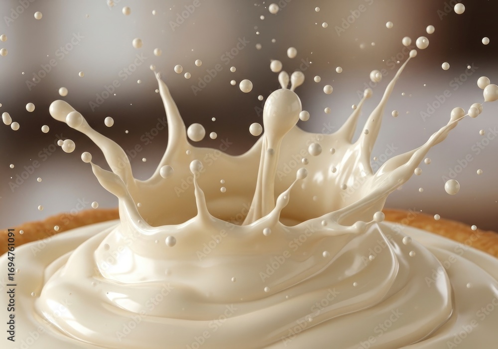 Poster creamy liquid splashing with droplets forming a crown shape on a circular base