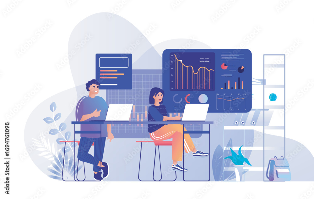 Poster big data analysis concept for modern web design. people working with statistic charts and datum grap