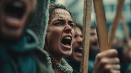 A group of diverse protesters shouting passionately. A young Caucasian woman with curly brown hair is in the foreground, holding a wooden sign. The atmosphere is intense.