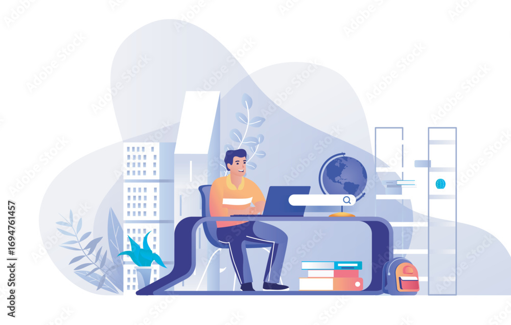 Poster distant learning concept for modern web design. people studying online, student training at lessons 