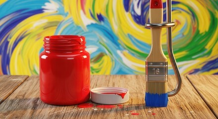 Vibrant still life featuring a red paint jar and paintbrush against colorful artwork