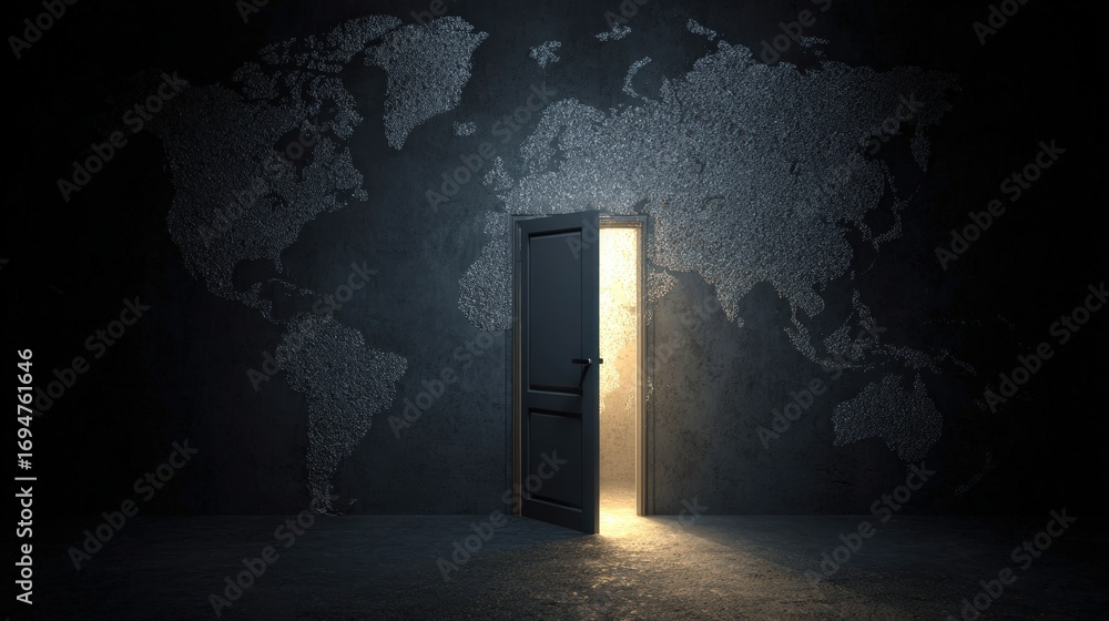 Poster mysterious dark open doorway with light shining through in front of world map wall creating intrigui