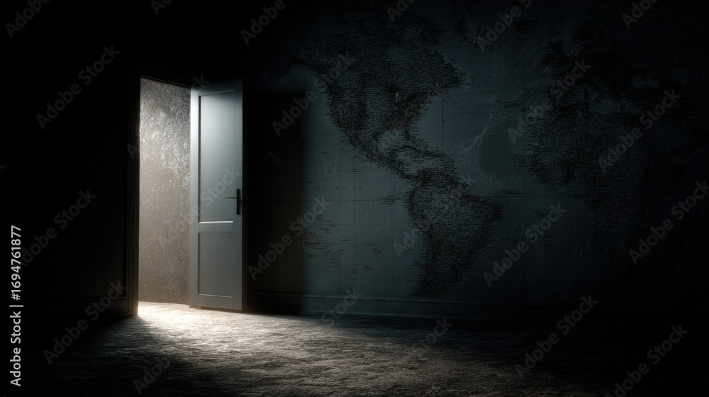 Poster mysterious dark room with open door revealing bright light illuminating textured wall and shadowed f